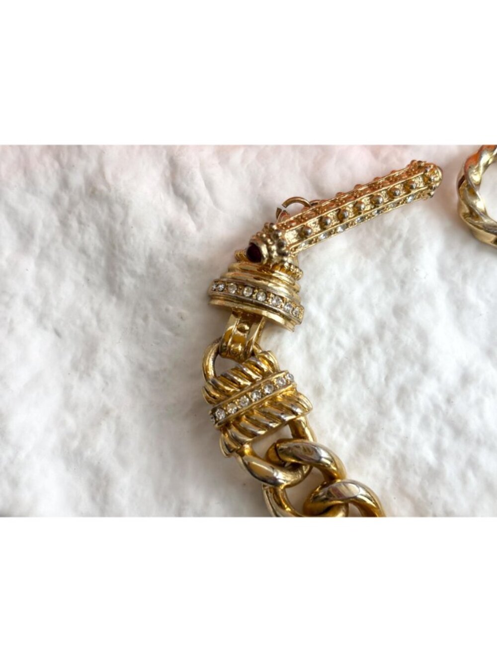 Gold Toned Curb Chain Chunky Rhinestone Accented Vintage 80's Style Bracelet - Picture 2 of 16